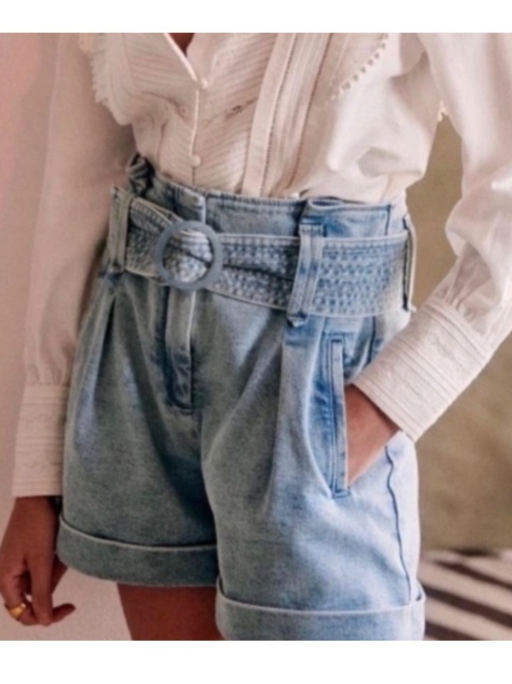 Sezane Rome Light Blue High-Rise Denim Shorts with Woven Circle Belt